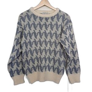 Vintage 1980s Union Bay Ocean Wave Print Sweater Women's S Ivory Slate Blue